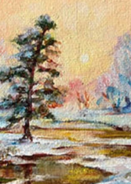 Зимний лес: Музейное занятие по выполнению картины на холсте-магните