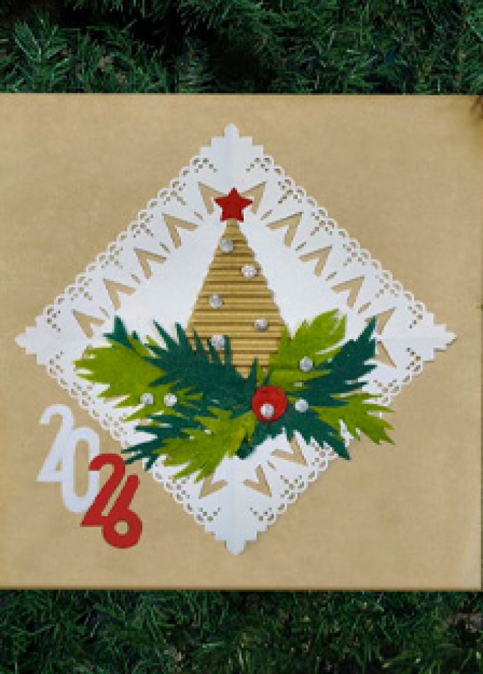 Оформление рождественской открытки элементами пухового платка. Мастер-класс